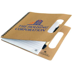 A recycled notebook with a brown cover, spiral binding, and a logo. It features a pocket for holding notes.