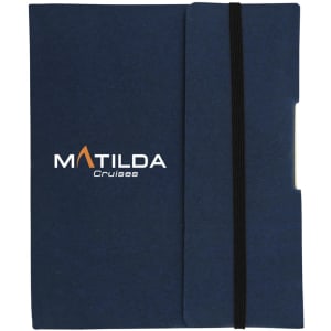 A navy small tuck journal book with an elastic band and a logo on the cover.