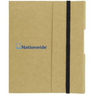 A small tuck journal book in brown with an elastic band closure and a logo on the front.