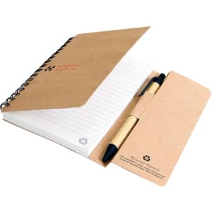 A small, brown recycled tuck journal featuring lined pages and a pen holder, with a pen included.