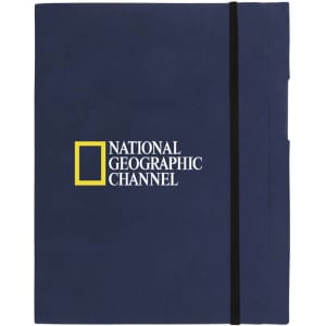 A large navy blue A5 journal book with an elastic band and front pocket, featuring a logo.