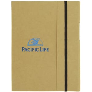 A large A5 journal book in a brown cover with a black elastic band and a logo on the front.