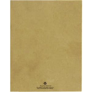 A recycled notebook featuring a brown kraft cover, made from recycled materials, with a small logo at the bottom.