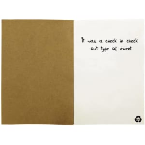 A recycled notebook with a brown kraft cover, featuring a simple inner design and a logo on one page.