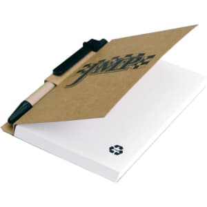 A recycled notebook with a brown cover and a black pen attached, showcasing white pages and a recycling symbol.