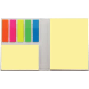 A sticky note book featuring pastel yellow notes and vibrant colourful flags in orange, pink, green, and blue.