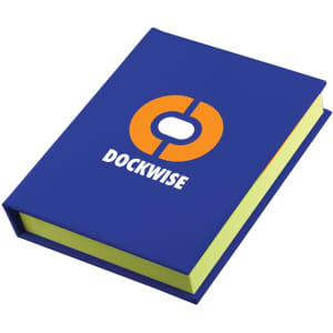 A blue sticky note book with a yellow interior and a logo on the front cover.