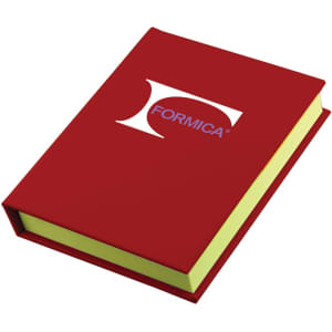A red adhesive note book with a green inner section and a logo on the cover.