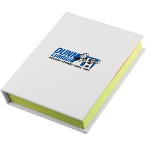 A sticky note book with a white exterior and bright yellow sticky notes inside, featuring a logo on the cover.