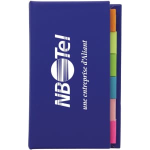 A blue adhesive note marker strip book featuring assorted sticky note colours in pink, green, yellow, and blue. It has a logo.