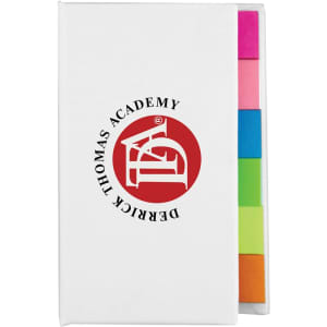 A white book with a logo on the cover and colourful sticky note tabs in pink, green, and orange.