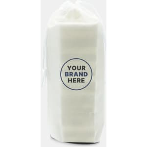 A stacking puzzle set in a white pouch, featuring a circular logo on the front.