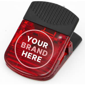 A red magnetic croc clip with a black grip and a branding area on the front.