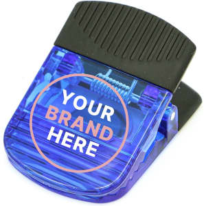 A blue magnetic clip with a textured black grip and a branding area. Suitable for office use.