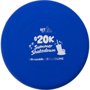 A blue silicone frisbee featuring a logo and promotional text. Ideal for outdoor fun and games.