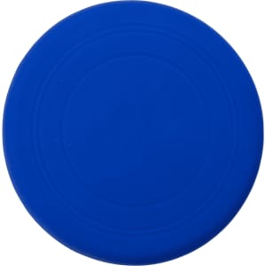 A blue silicone frisbee with a smooth surface and a circular shape, featuring a logo in the centre.