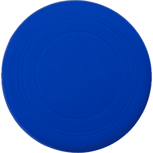 A blue silicone frisbee with a smooth surface and a circular design, featuring an emblem.