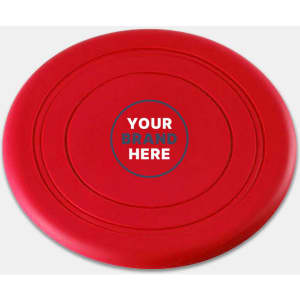 A red silicone frisbee featuring a central logo area and smooth, rounded edges.