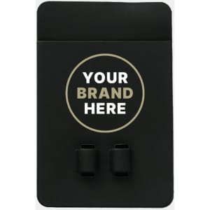 A black silicone phone wallet featuring two slots and a branding area.