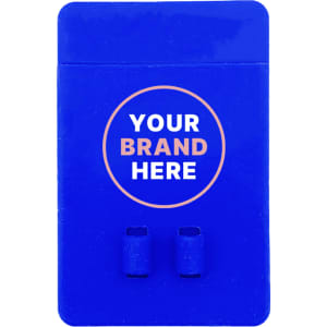 A blue silicone phone wallet with slots for cards and a logo area.