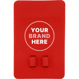 A red silicone phone wallet featuring a logo area and two adhesive strips on the back for attachment.
