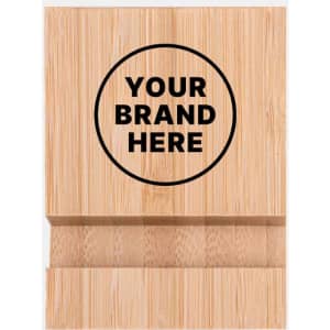 A bamboo phone holder with a circular area for branding, featuring a natural wooden finish.
