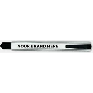 A slimline retractable box cutter in silver and black with a branding area.