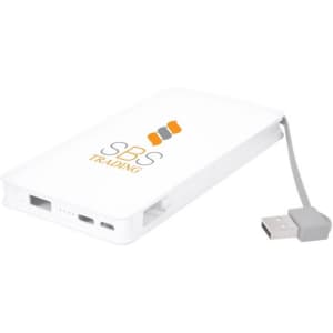 A white power bank with a USB cable attached and a logo printed on the surface.