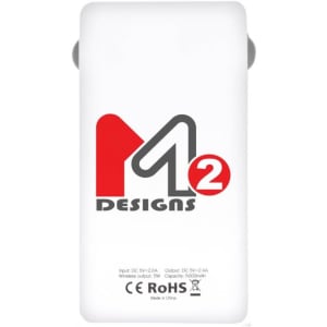 A white power bank with a capacity of 5,000 mAh and a logo, featuring input and output details on the surface.