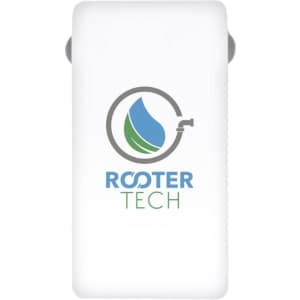 A white power bank with a rounded shape, featuring a logo on the front.