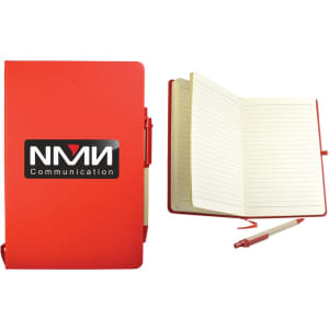 A red recycled notebook with a black logo, an open view revealing lined pages, and a pen beside it.