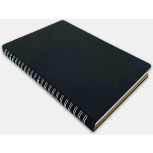 A black spiral notebook with a textured cover and contrasting white spirals along the spine.