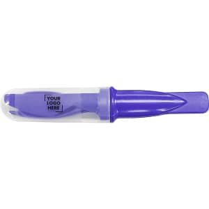 A purple highlighter in a clear casing, featuring a visible logo on the side.