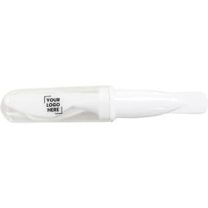 A white pen in a transparent casing, featuring a space for a logo.