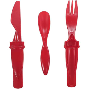 A red plastic cutlery set featuring a knife, spoon, and fork, all with a sleek design.