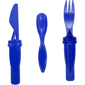 A blue plastic cutlery set featuring a knife, spoon, and fork, arranged side by side.