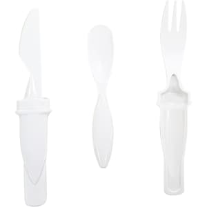A set of three plastic utensils in white, including a knife, fork, and spoon. The set has a simple design.