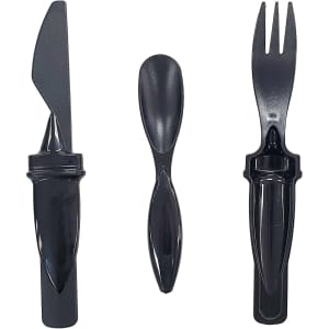 A black cutlery set featuring a knife, spoon, and fork, all with sleek handles. The set includes a logo.