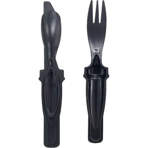 A black plastic spoon and fork set with a joined handle, featuring a sleek design.