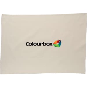 A cotton tea towel in cream colour featuring a logo design.