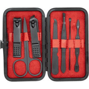 A black manicure set with red lining, featuring scissors, clippers, and various grooming tools in a compact case.