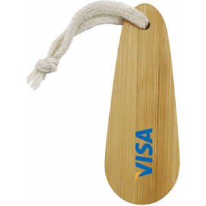 A bamboo paddle nail file with a rope handle and a logo, showcasing a natural wood colour.