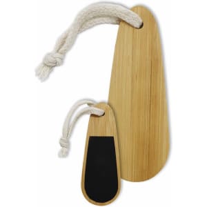 Bamboo paddle nail files in two sizes, featuring a smooth bamboo surface and a rope handle.