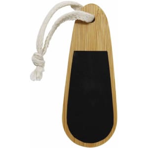 A bamboo paddle nail file featuring a black abrasive surface and a decorative rope loop.