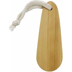 A bamboo paddle nail file with a light brown finish and a hanging rope. It has a smooth, oval shape.
