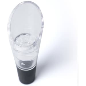A clear and black Vinifera Aerator with a sleek design, featuring a curved opening and small aeration bubbles inside.