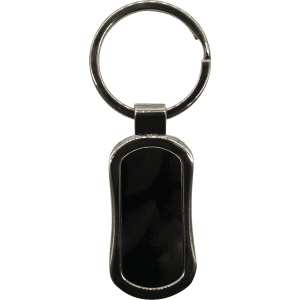 A gunmetal keychain featuring a sleek design with a smooth black surface and a metal ring.