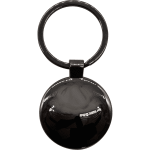 A gunmetal keychain featuring a polished circular pendant and a sturdy ring for attachment.
