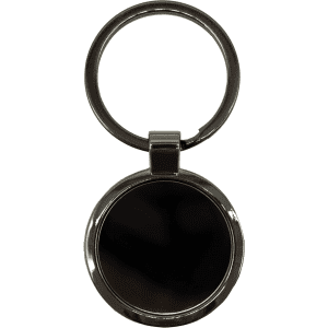 A gunmetal keychain with a circular pendant and a round keyring attachment. Features a polished finish.