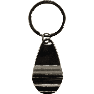 A drink bottle opener keychain in gunmetal with a simple design and a feature logo.